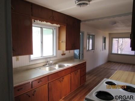 kitchen with stove, sink, and hardwood / wood-style floors