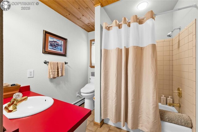 252 Apache Trl, Cotopaxi, CO 81223 - bathroom with tile patterned floors, shower / bath combo with shower curtain, toilet, wooden ceiling, and baseboard heating