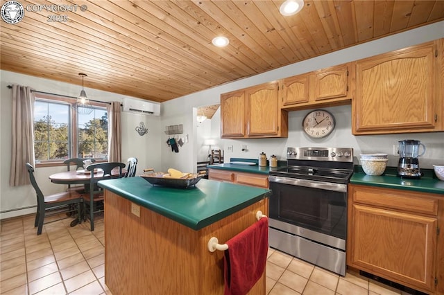 252 Apache Trl, Cotopaxi, CO 81223 - kitchen featuring dark countertops, stainless steel range with electric stovetop, light tile patterned floors, and a wall mounted air conditioner