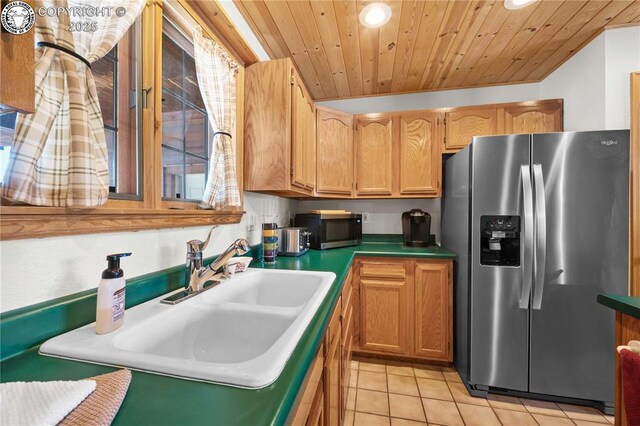 252 Apache Trl, Cotopaxi, CO 81223 - kitchen featuring a sink, stainless steel appliances, wooden ceiling, and light tile patterned flooring