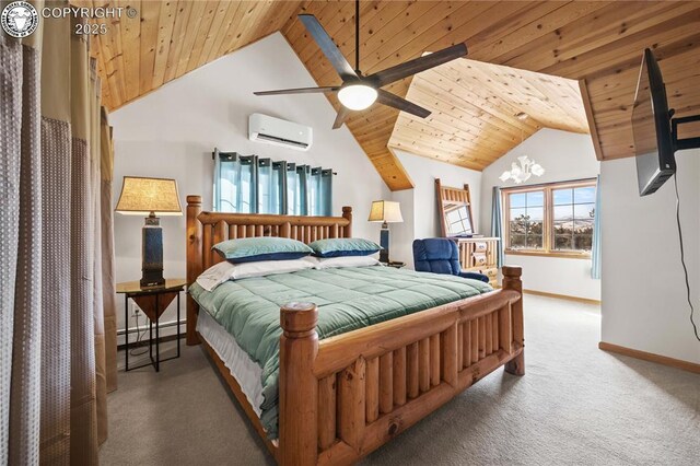 252 Apache Trl, Cotopaxi, CO 81223 - carpeted bedroom with baseboards, wood ceiling, baseboard heating, high vaulted ceiling, and a wall mounted AC
