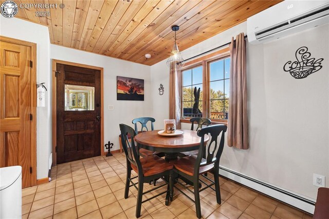 252 Apache Trl, Cotopaxi, CO 81223 - dining area with light tile patterned floors, baseboards, a wall mounted AC, a baseboard radiator, and wooden ceiling