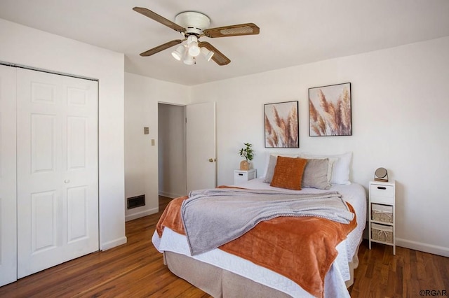 bedroom featuring ceiling fan, dark hardwood / wood-style flooring, and a closet