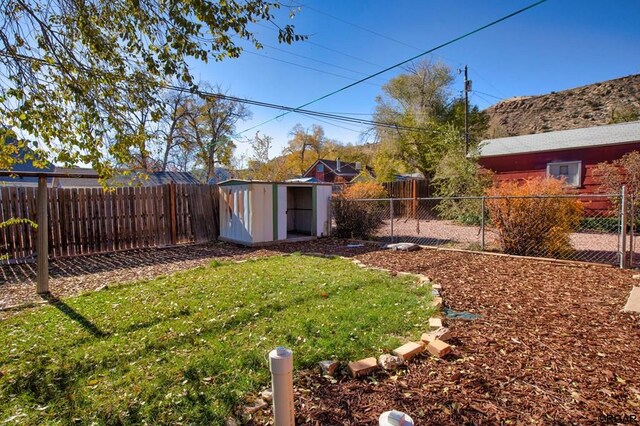 view of yard featuring a storage shed