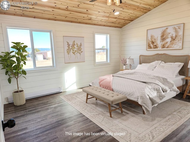 bedroom with wooden ceiling, multiple windows, vaulted ceiling, and wood finished floors