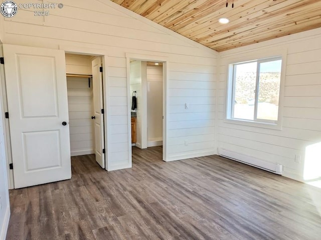 unfurnished bedroom featuring wooden walls, dark wood finished floors, wooden ceiling, lofted ceiling, and a baseboard radiator