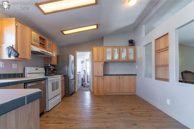 kitchen with vaulted ceiling, light hardwood / wood-style floors, a textured ceiling, and appliances with stainless steel finishes