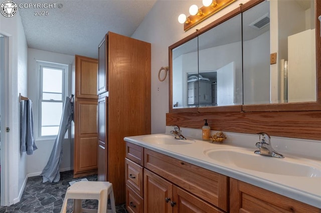 bathroom with vanity, a textured ceiling, and a wealth of natural light