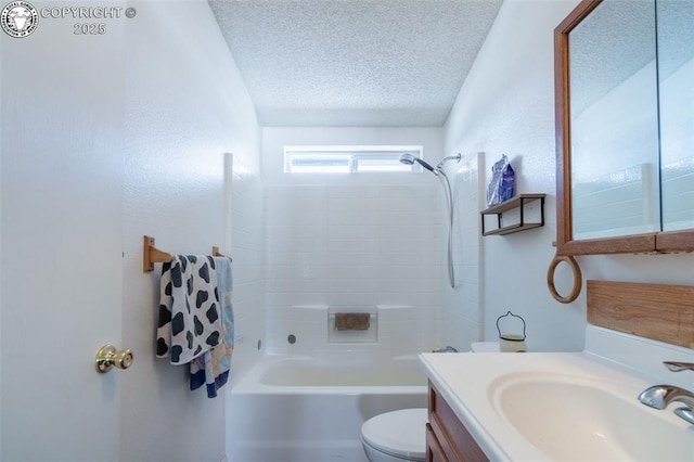 full bathroom featuring vanity, toilet, a textured ceiling, and shower / bathing tub combination