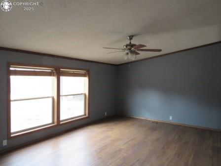 spare room featuring plenty of natural light, baseboards, wood finished floors, and a ceiling fan