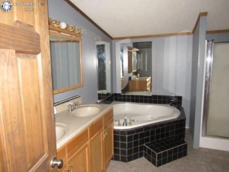 bathroom featuring lofted ceiling, a stall shower, a garden tub, crown molding, and double vanity