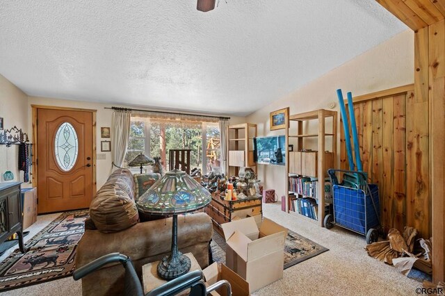 carpeted living room with a textured ceiling