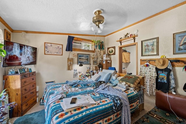 carpeted bedroom featuring lofted ceiling, a textured ceiling, ornamental molding, and ceiling fan