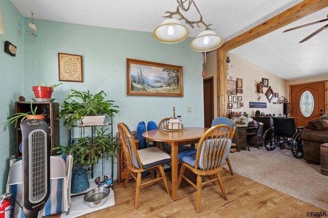 dining area with beam ceiling, light hardwood / wood-style floors, and ceiling fan