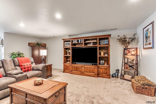 living room featuring light carpet