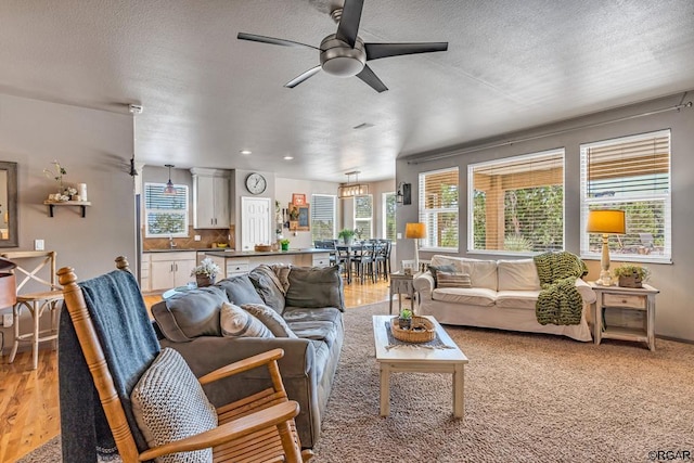 carpeted living room with sink, a textured ceiling, a wealth of natural light, and ceiling fan