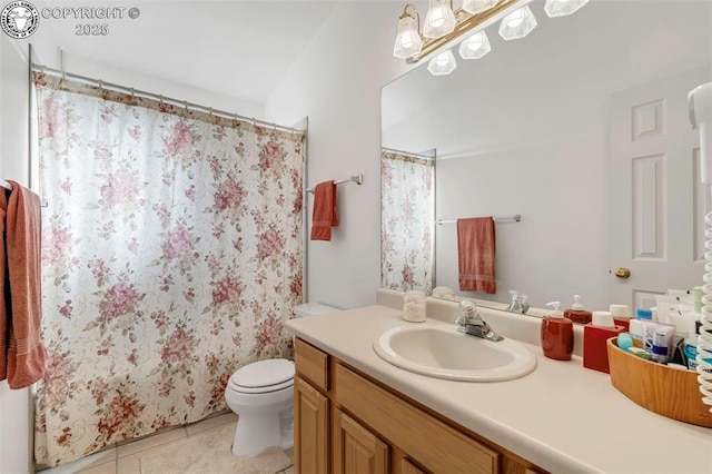 full bathroom with shower / bath combo with shower curtain, tile patterned floors, toilet, and vanity