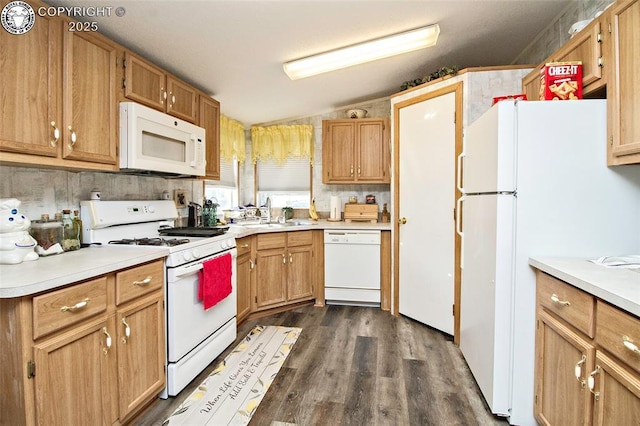 510 N 19th St Unit 1, Canon City, CO 81212 - kitchen with white appliances, lofted ceiling, dark wood-style flooring, and light countertops