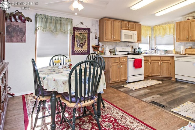 510 N 19th St Unit 1, Canon City, CO 81212 - kitchen with white appliances, light countertops, a ceiling fan, dark wood finished floors, and tasteful backsplash