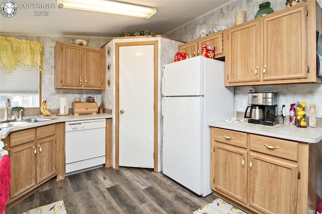 510 N 19th St Unit 1, Canon City, CO 81212 - kitchen featuring white appliances, dark wood-style flooring, light countertops, and backsplash
