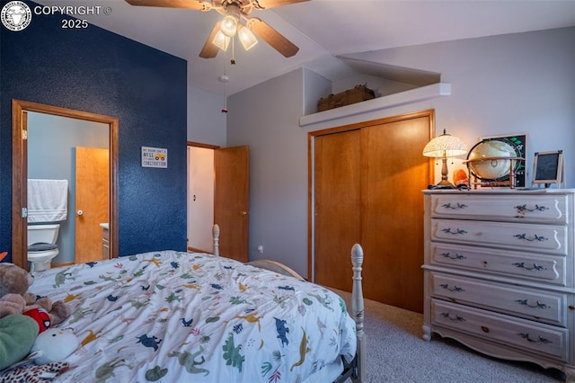 46 Wild Rose Dr, Canon City, CO 81212 - bedroom featuring vaulted ceiling, carpet flooring, a closet, and a ceiling fan