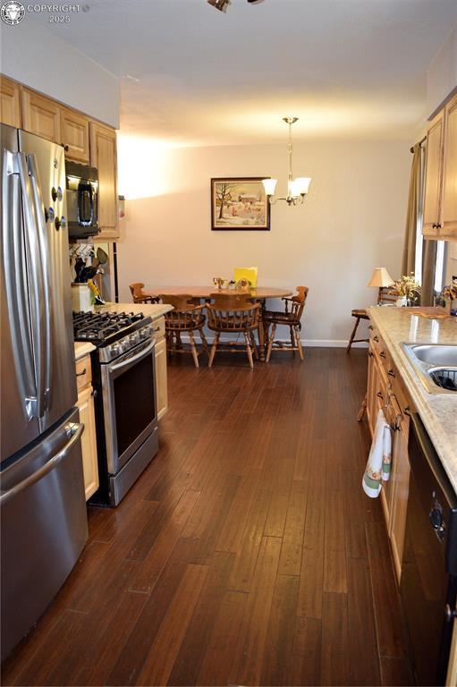 113 Rio Grande Dr, Canon City, CO 81212 - kitchen with appliances with stainless steel finishes, light countertops, dark wood-style flooring, a chandelier, and pendant lighting