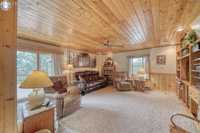 136 Beneaton Ln, Westcliffe, CO 81252 - living room featuring wooden ceiling, a wainscoted wall, a ceiling fan, wood walls, and carpet floors