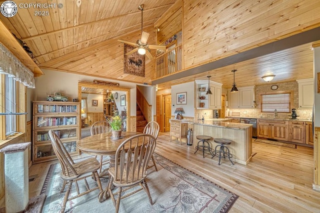 136 Beneaton Ln, Westcliffe, CO 81252 - dining room featuring wooden ceiling with exposed beams, light wood-type flooring, high vaulted ceiling, ceiling fan, and wooden walls