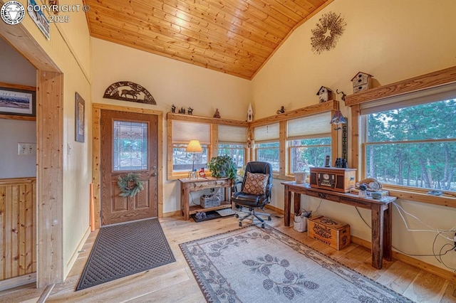 136 Beneaton Ln, Westcliffe, CO 81252 - office with wood finished floors, vaulted ceiling, healthy amount of natural light, and wooden ceiling