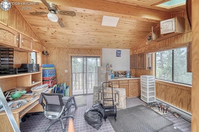 136 Beneaton Ln, Westcliffe, CO 81252 - kitchen featuring vaulted ceiling, wooden walls, a ceiling fan, light countertops, and wooden ceiling