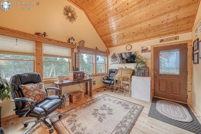 136 Beneaton Ln, Westcliffe, CO 81252 - office space with wood ceiling, plenty of natural light, wood finished floors, baseboards, and high vaulted ceiling