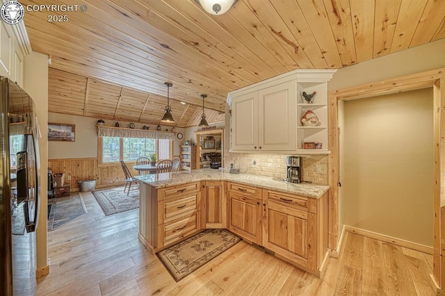 136 Beneaton Ln, Westcliffe, CO 81252 - kitchen featuring wood ceiling, open shelves, a peninsula, a wainscoted wall, and light wood-type flooring