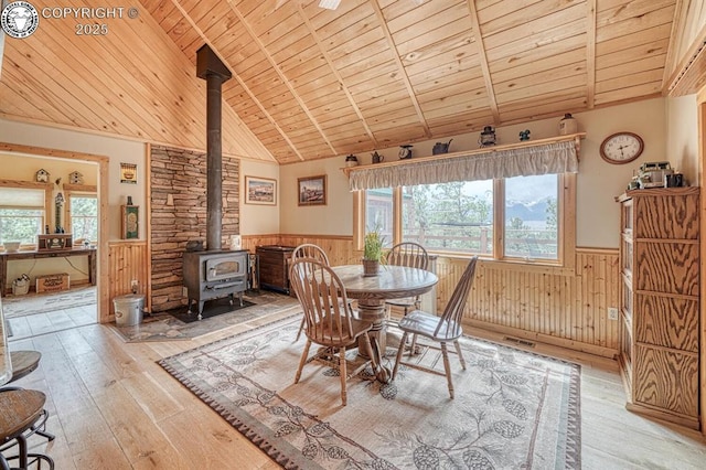136 Beneaton Ln, Westcliffe, CO 81252 - dining room with wood ceiling, light wood-style floors, a wainscoted wall, healthy amount of natural light, and a wood stove