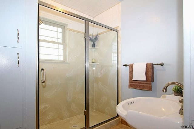 bathroom featuring an enclosed shower and sink