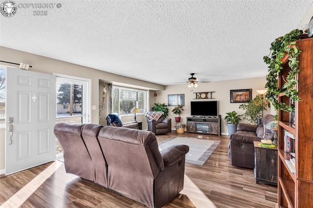 living room with ceiling fan, hardwood / wood-style floors, and a textured ceiling