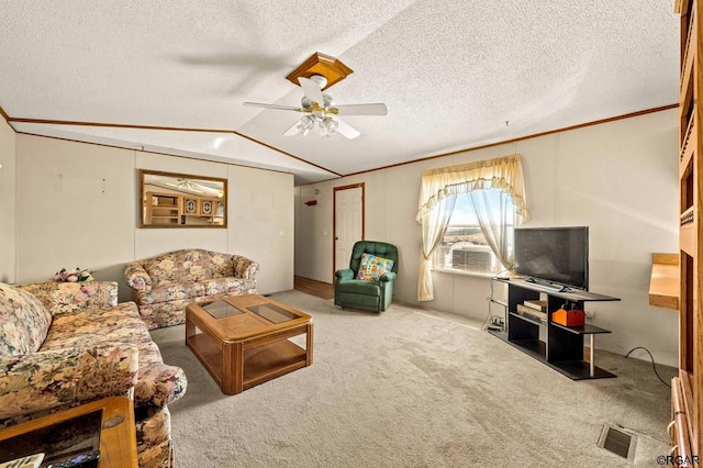 carpeted living room featuring lofted ceiling, ceiling fan, cooling unit, and a textured ceiling