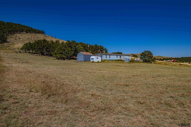 view of yard featuring a rural view and a shed