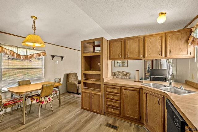 kitchen with lofted ceiling, sink, dishwasher, decorative light fixtures, and light wood-type flooring