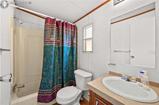 full bathroom featuring vanity, shower / tub combo, and toilet