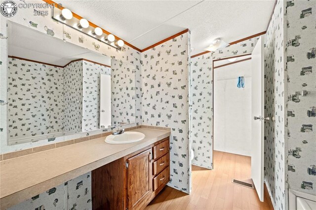 bathroom featuring vanity, hardwood / wood-style floors, and a textured ceiling