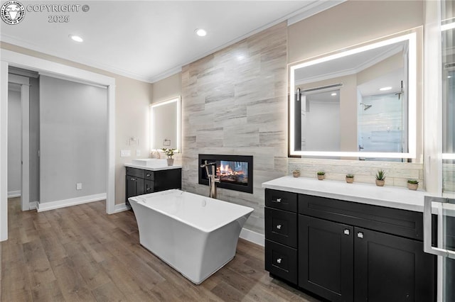 bathroom featuring a soaking tub, a fireplace, vanity, and wood finished floors