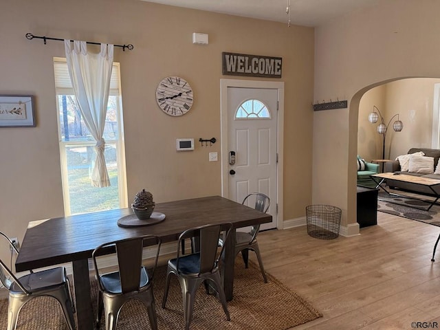 dining space with light hardwood / wood-style flooring and a wealth of natural light