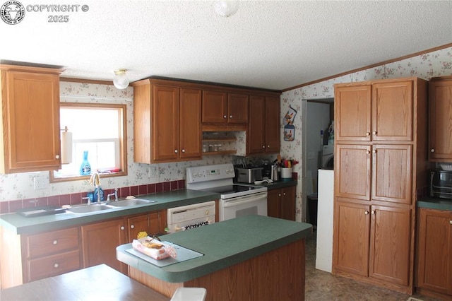 8 Cedar Ridge Rd, Williamsburg, CO 81226 - kitchen with wallpapered walls, white appliances, ornamental molding, a sink, and a textured ceiling