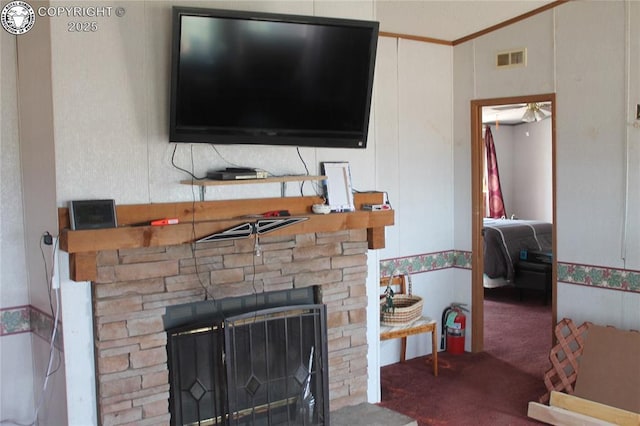 8 Cedar Ridge Rd, Williamsburg, CO 81226 - living room featuring carpet floors and a stone fireplace