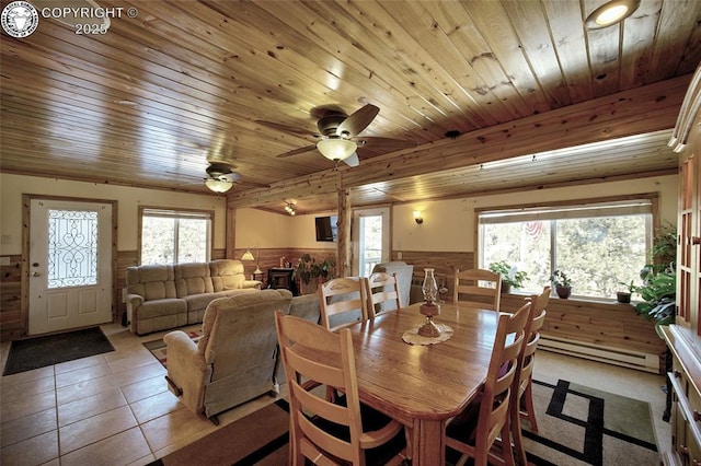 tiled dining area featuring plenty of natural light, a baseboard heating unit, and wooden ceiling