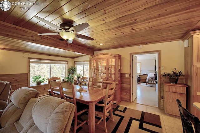 dining room with light tile patterned floors, wooden walls, wooden ceiling, and ceiling fan