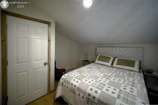 bedroom with vaulted ceiling and hardwood / wood-style floors