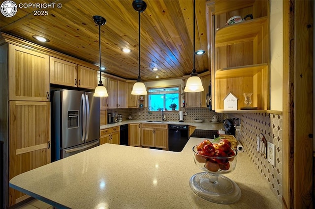 kitchen with decorative light fixtures, dishwasher, stainless steel fridge with ice dispenser, and backsplash