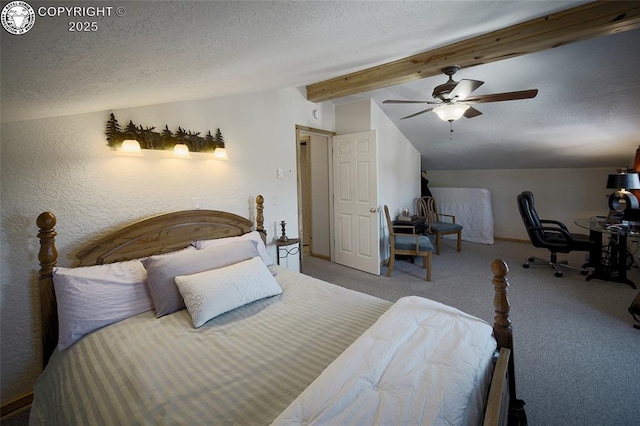 carpeted bedroom with lofted ceiling with beams, a textured ceiling, and ceiling fan