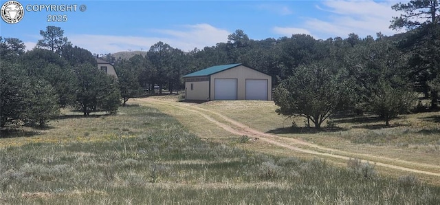 104 Sleepy Hollow Trl, Cotopaxi, CO 81223 - view of yard featuring a garage, an outbuilding, a view of countryside, and dirt driveway
